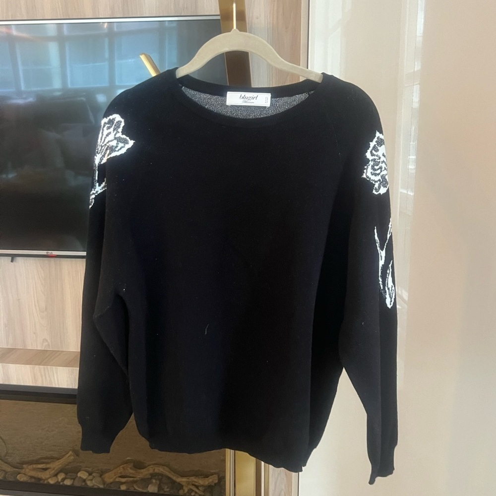 Blugirl Knit Sweater w/ Floral Sleeves & Subtle Sparkle – M